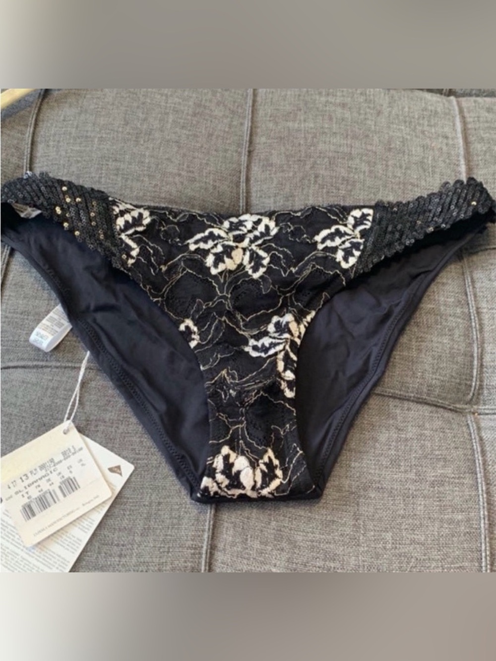 La Perla - Black and Metallic Floral Bikini Bottoms